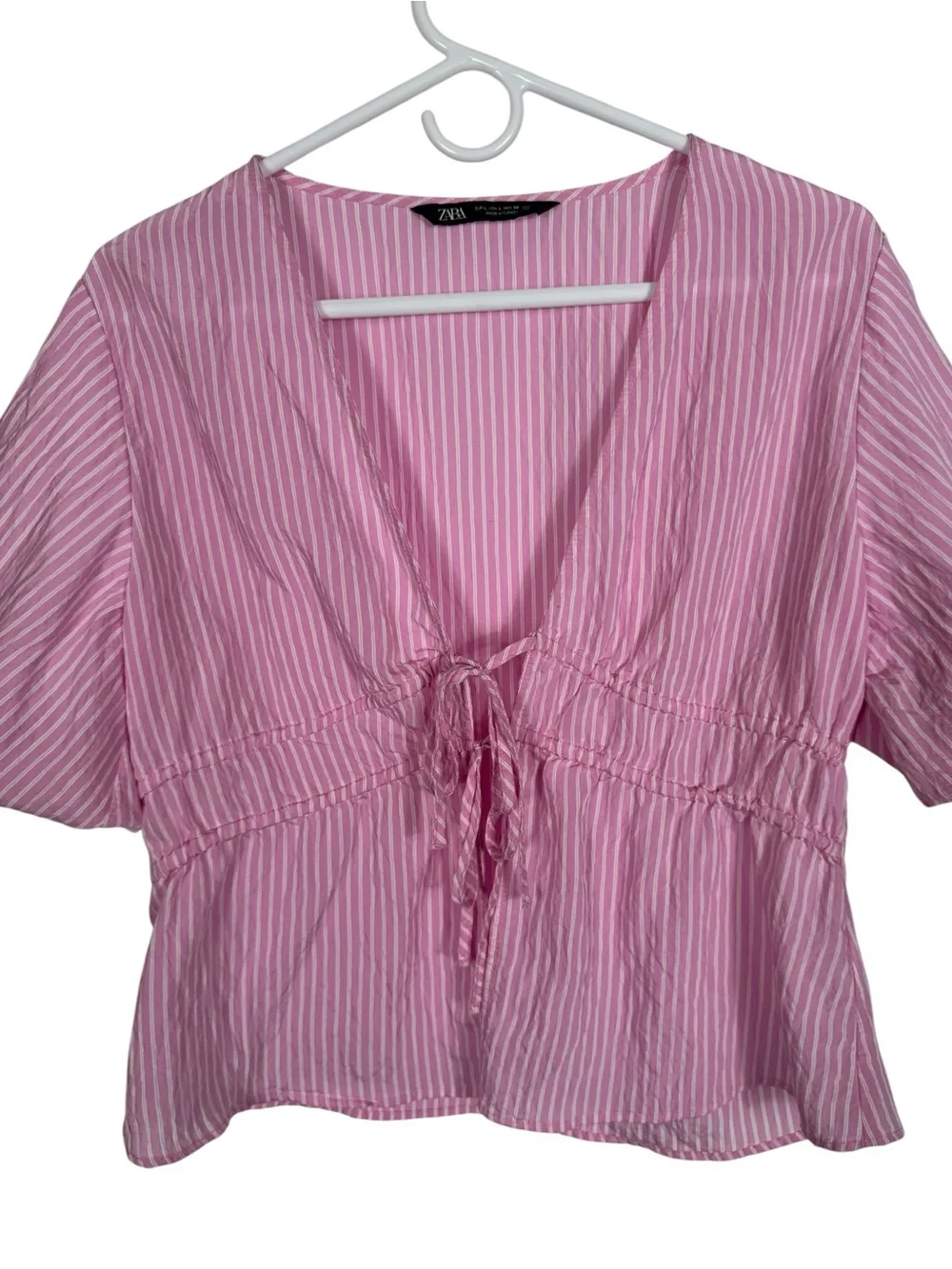 Zara Pink & White Stripe Tie Front Puff Sleeve Blouse, Size Large